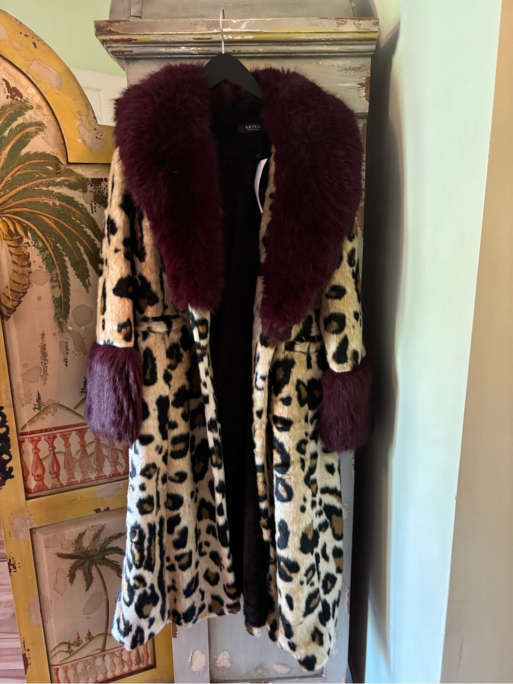 AKIRA Leopard Print Faux-Fur Coat with Burgundy Collar and Cuffs